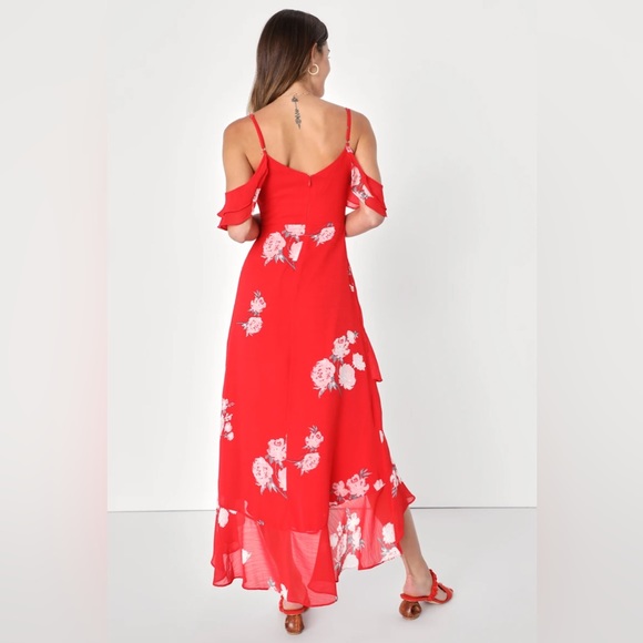 NEW Lulus Love in Bloom Red Floral Print Off-the-Shoulder High-Low Dress Small - Picture 2 of 5